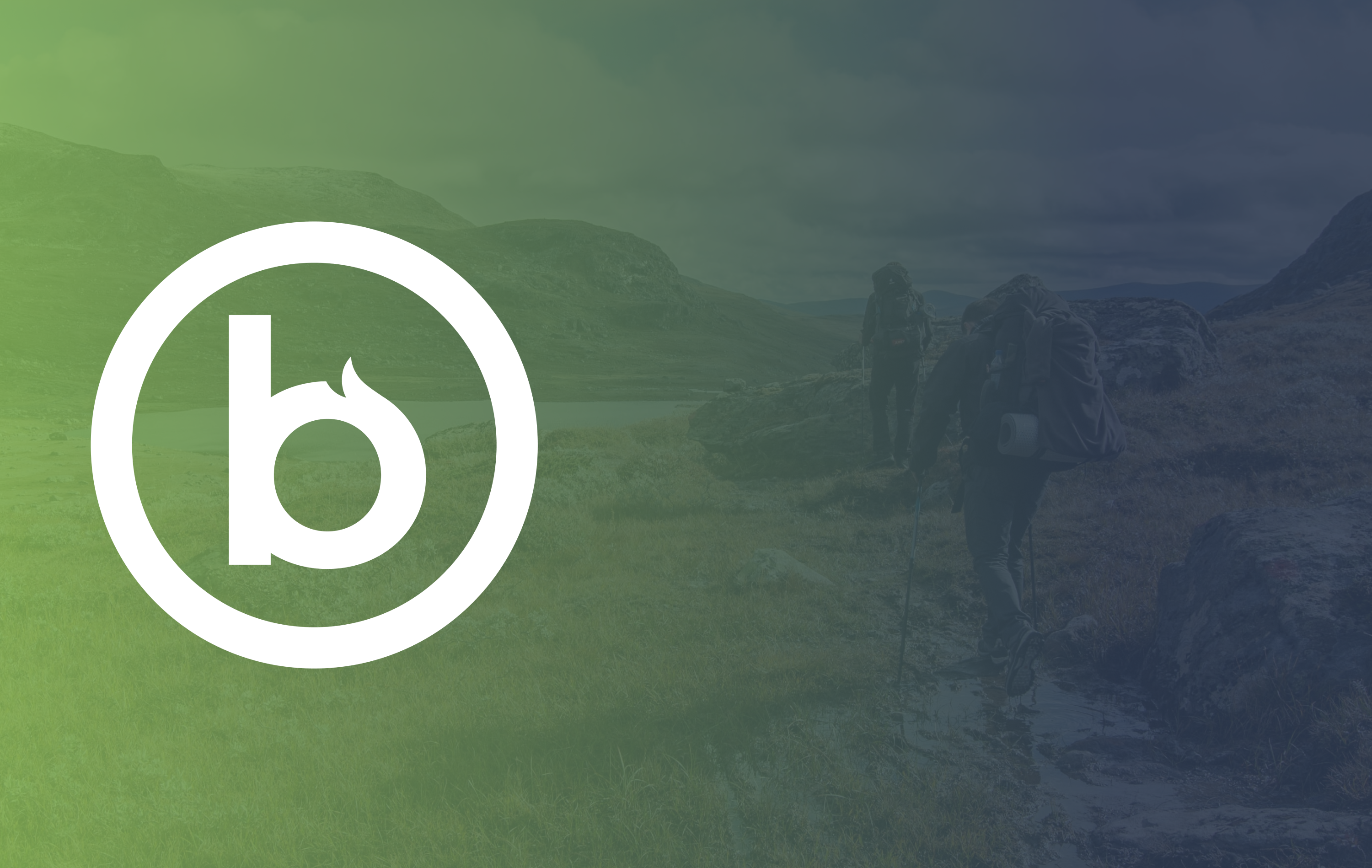 A white logo with a stylized lowercase “b” inside a circle overlays two hikers walking along a grassy, rocky mountain trail under a cloudy sky.