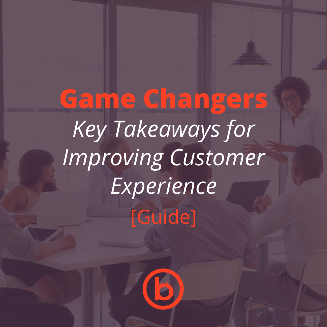 People sit around a meeting table in an office setting. Text overlay reads, “Game Changers: Key Takeaways for Improving Customer Experience [Guide].” A circular logo with a letter inside is at the bottom.