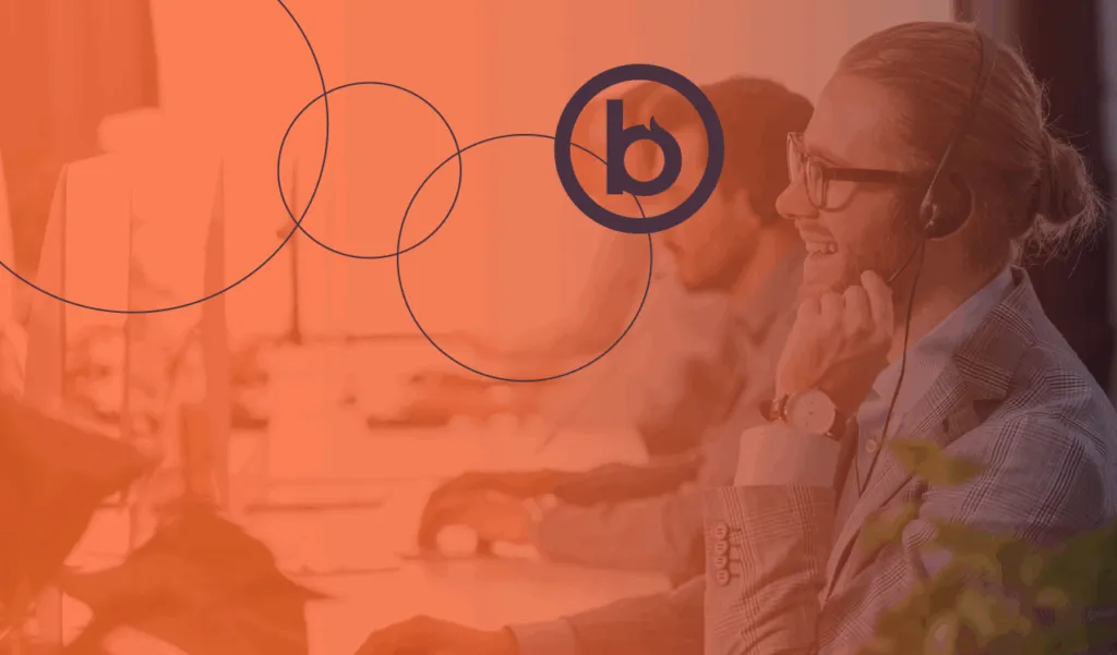 Customer service agent wearing a headset at a computer with an orange overlay and Bonfire “b” logo.