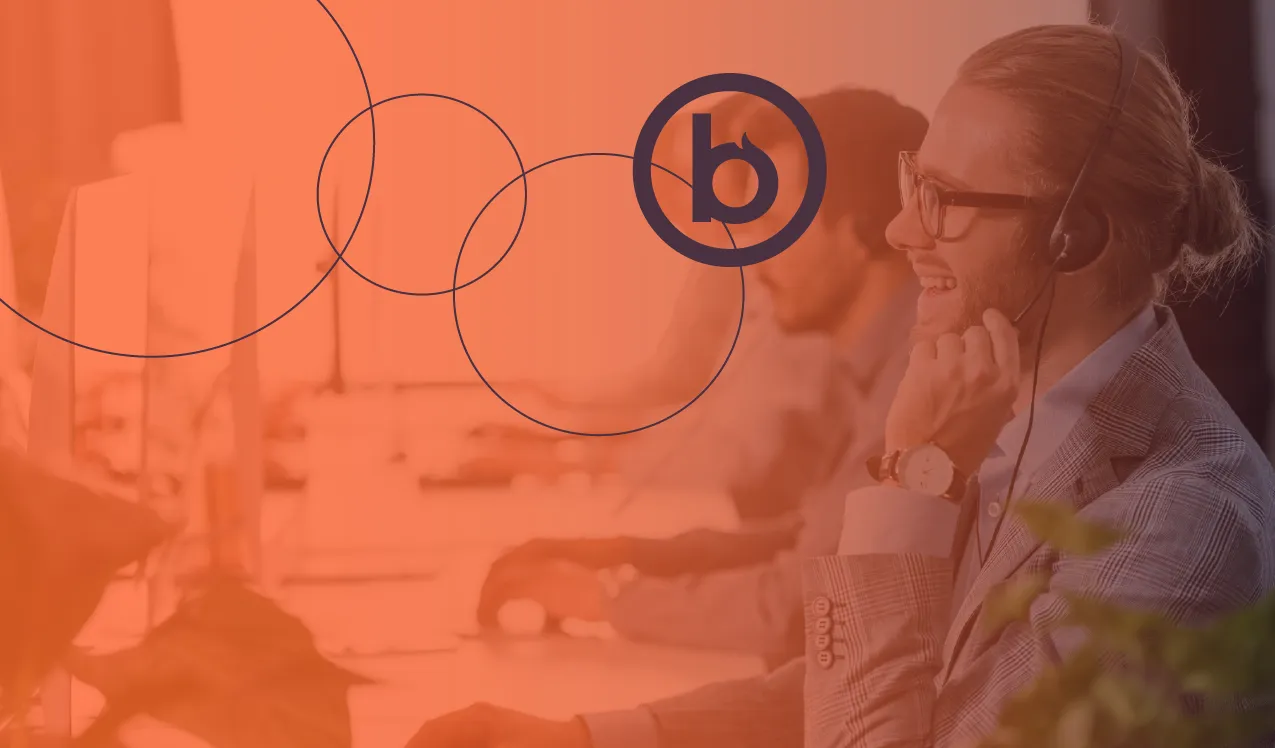 Customer service agent wearing a headset at a computer with an orange overlay and Bonfire “b” logo.
