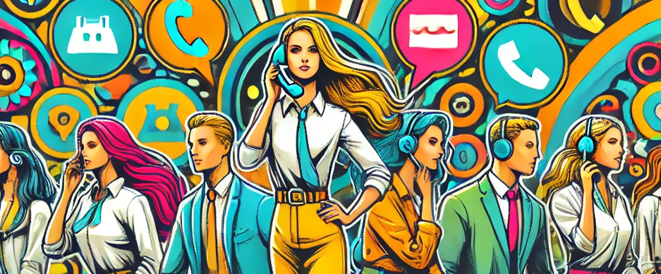 People with phones and headsets communicate amidst vibrant, colorful icons of phones and call-related symbols, suggesting a dynamic, busy call center or communication-themed environment.