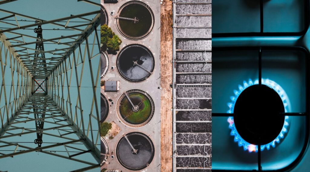 A metal lattice tower structure ascends against a sky; circular wastewater treatment basins operate amid industrial surroundings; a blue gas flame burns on a stove burner in a dimly lit space.