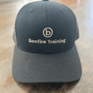 Black Bonfire Training hat with embroidered logo on front