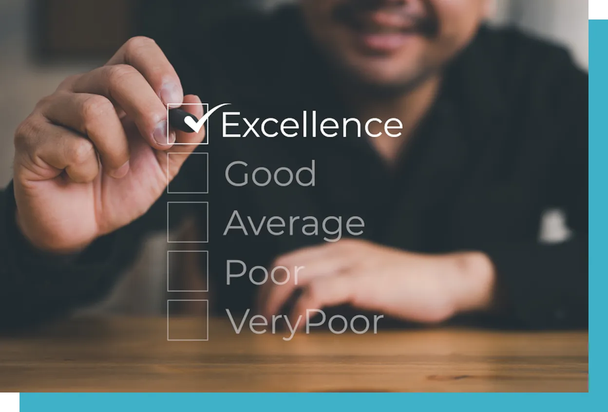 A hand checks a box labeled "Excellence" on a transparent rating scale, with options "Good," "Average," "Poor," and "Very Poor" in a blurred indoor setting.