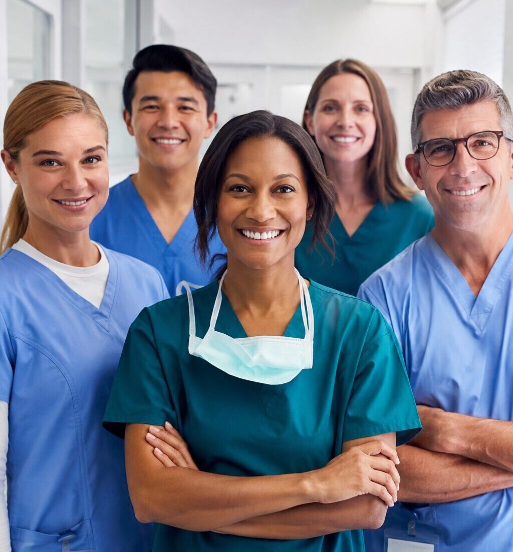 Healthcare professionals standing together smiling